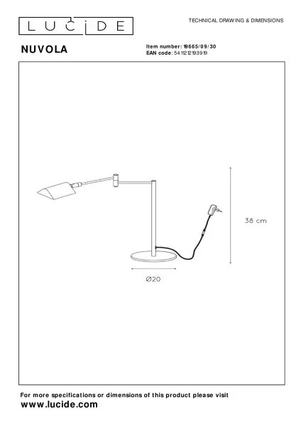 Lucide NUVOLA - Bureaulamp - Ø 20 cm - LED Dimb. - 1x9W 3000K - Zwart - technisch